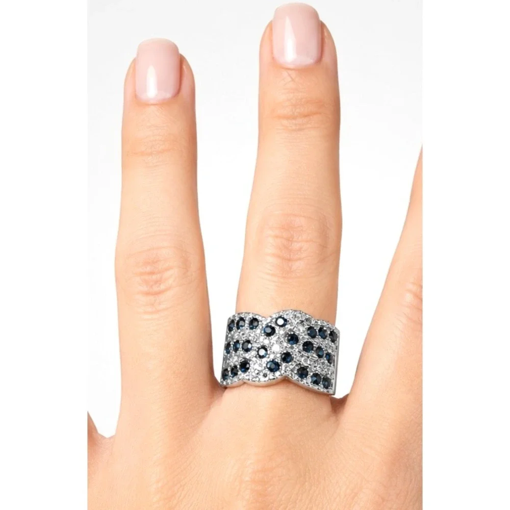 Vintage Blue Multi Rhinestone Silver Tone Wide Cigar Band Ring Size 10.5 R-TN42